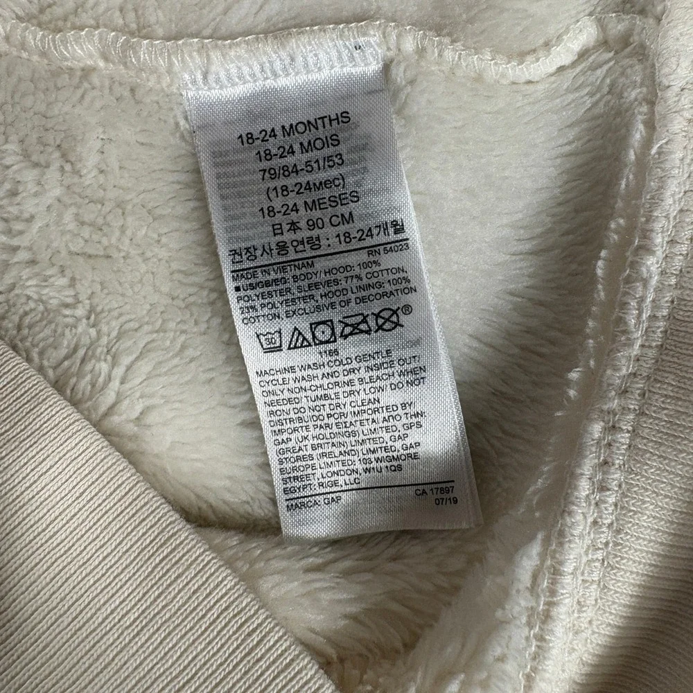 Baby Gap Cream Teddy Bear Fleece Hoodie Faux Fur Ears 18-24 Months 07/19